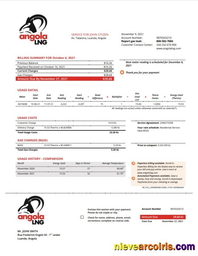 Angola LNG proof of address utility bill